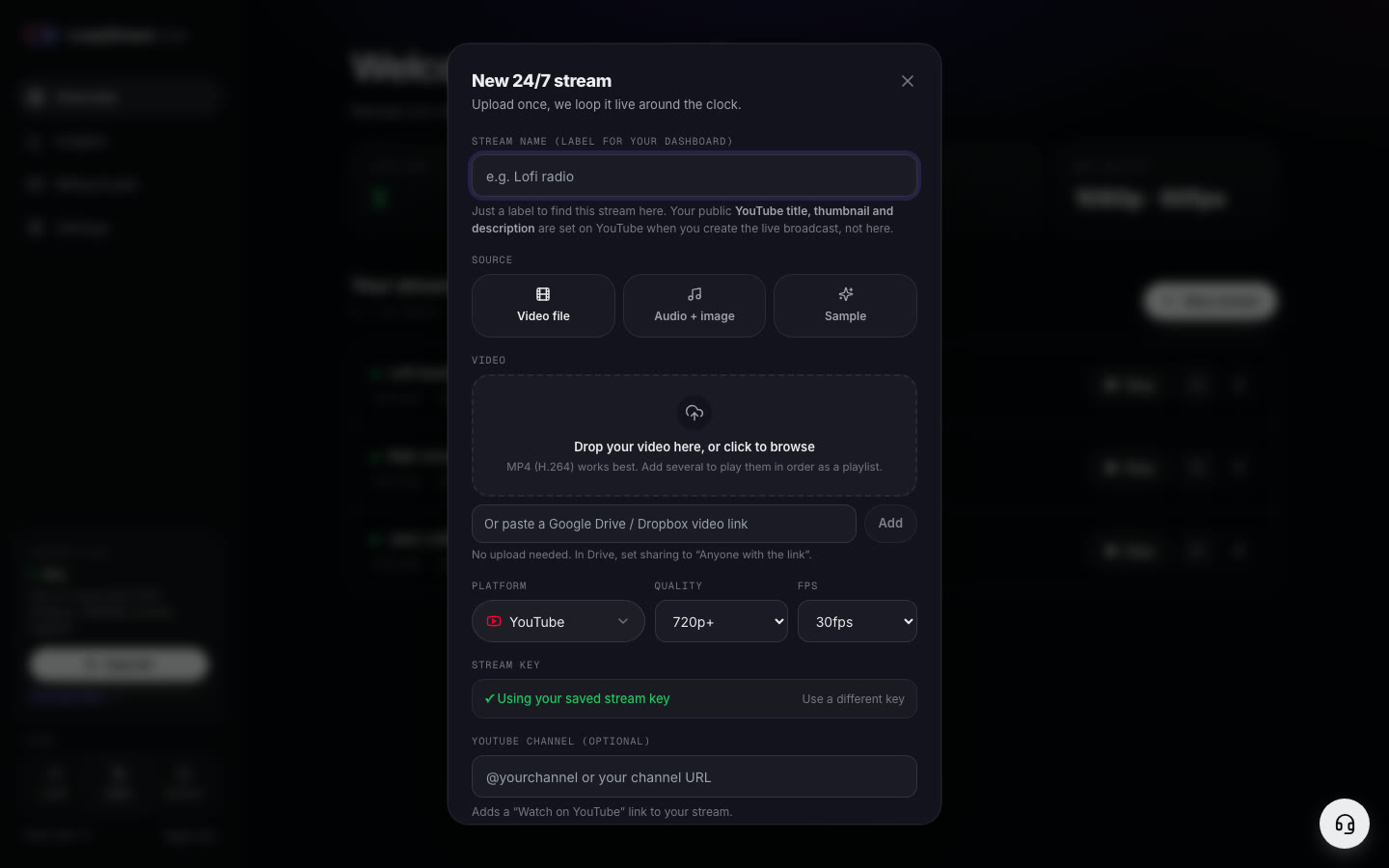 Add a video. Paste your key. Go.